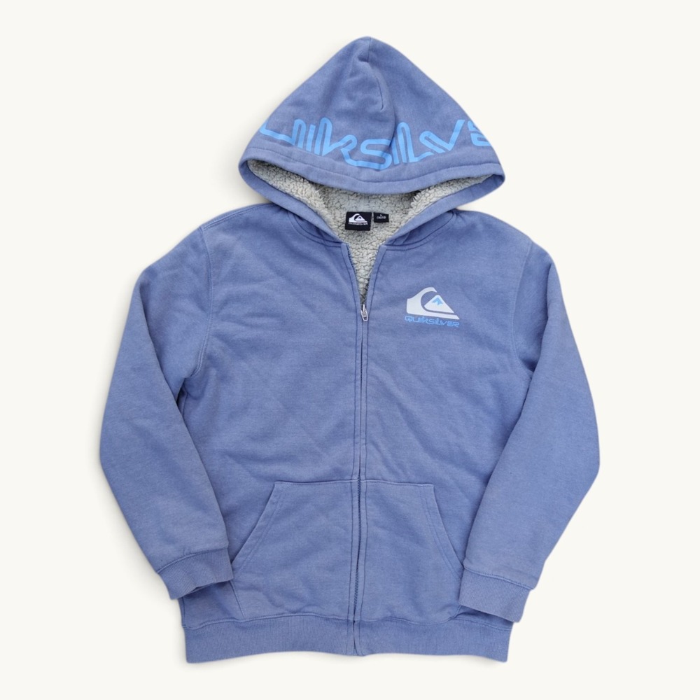 Quiksilver Boys Blue Sherpa Lined Full Zip Logo Hoodie Size L 14/16